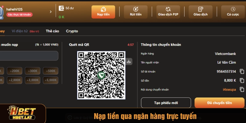 Nạp tiền qua ngân hàng trực tuyến
