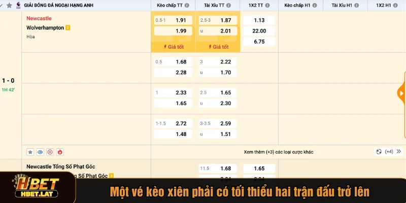 Một vé kèo xiên phải có tối thiểu hai trận đấu trở lên